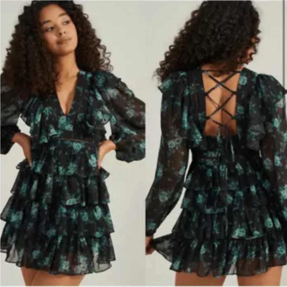 Altar'd State Black and Green Ruffle Midi Dress